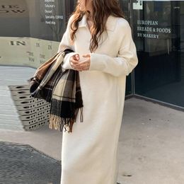 Basic Casual Dresses Casual Dresses Apricot Soft Woollen Dress Women 2022 Winter Fall Turn-down Collar Loose Sweater Ladies Full-sleeve Korean Knit Clothing