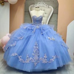 Gorgeous Princess Quinceanera Dresses Ruffles Prom Party Ball Gown Sweetheart Foor Length Light Blue Organza Sweet 15 Dress 2023 Back Lace-up Lace Appliques