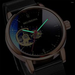 Wristwatches ORKINA Original Men Watch Skeleton Automatic Mechanical Male Rose Gold Leather Mesh Strap Clock Luminous