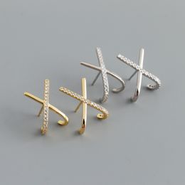 Stud KAMIRA 925 Sterling Silver Gothic Geometric Cross Letter X White Zircon Stud Earrings for Women Charms Birthday Fashion Jewelry 221111