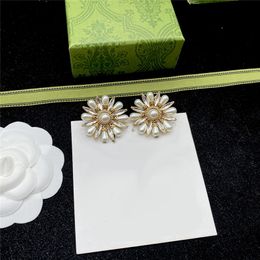 Luxury Diamond Pearl Charm Earrings Women Floral Designer Studs Flower Golden Eardrops With Box