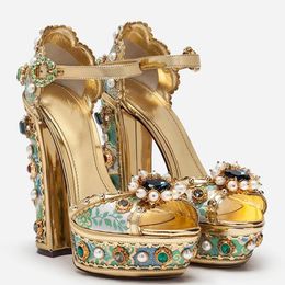 Sandals High Chunky Heels Shoes Gems Pearls Platform Crystal Woman Extremely Buckle Strap Embroidery