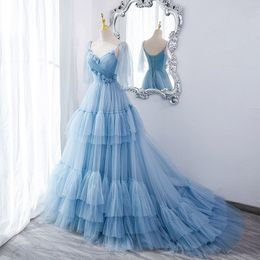 Light Blue Dubai Evening Dresses Long Sleeve A-Line long train Lace Beaded Formal Prom Dress Robe De Soiree Custom Made