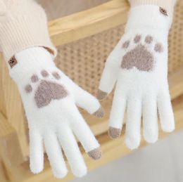 Cute Cat Paw Printing Gloves Winter Warm Wool Touchscreen Gloves Thick Soft Fluffy Knitting Mitten Glove For Women Girls