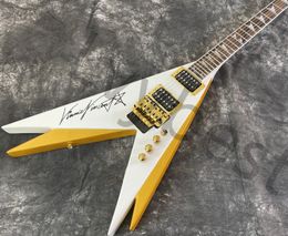 Lvybest Electric Guitar White And Yellow V Shape Gold Parts.Letters On Body Top Gold Rock Tremolo HH Pickups