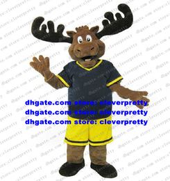 Quiet Mascot Costume Brown Red Deer Wapiti Moose Alces Elk Fancy Dress With Pink Tongue Blue Shirt Yellow Shorts No.8406 FS