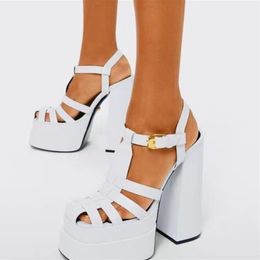 Popular Cut Outs Wedding Shoes Chunky Heel Roman Pumps Round Toe Buckle Strap Females Party High Shoes