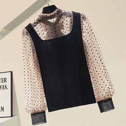 Women's Blouses Personalised Polka Dot Chiffon Long Sleeve Patchwork Knit Shirt Women 2022 Spring Lady Chic Top Bow Stand Collar