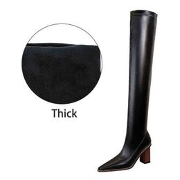 Boots Eilyken Women Winter High Quality Pu Leather Pointed Toe Over Knee Boots Fashion Square Low Heels Booties Woman Shoes 220913