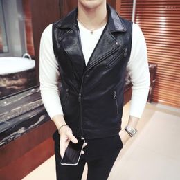 Men's Vests Mens Motorcycle Autumn Short Korean Slim Fit Zipper Lapel Waistcoats Fashion Nightclub Show PU Leather Sleeveless Jackets