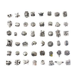 48pcs/Set Mixed Antique Silver Alloy Charms Beads Metal Bear Butterfly Animal Big Hole Charm Loose Beads for Bracelet Bangle DIY Jewelry Making Accessoies