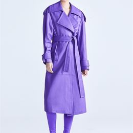 Women's Leather Faux Lautaro Spring Autumn Long Luxury Elegant Purple Coloured Trench Coat for Women Sashes Runway Designer Fashion 221111