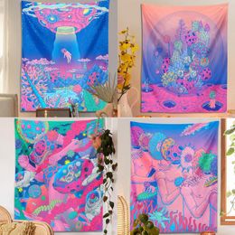 Tapestries Tapestry Colourful Hippie Bohemian Girl Wall Hanging Cactus Mushroom Celestial Art Print Dorm Home Decor