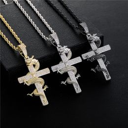 Hip Hop Pendant Necklaces 18K Dragon Twines Cross Gold Silver Plated Iced Out Zircon Mens Bling Jewellery Gift