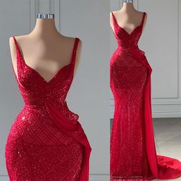 New Red Arrival Evening Women Spaghetti Straps Sleeveless Backless Floor Length Lace Hollow Sexy Prom Dress Formal Gowns Plus Size Tailored