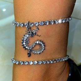 Anklets JJFOUCS Bling Crystal Tennis Chain Dragon Anklet For Women Fashion Charm Animal Foot Rhinestone Jewellery