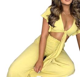 Women's Two Piece Pants Young Party Women Fashion Deep V Neck Short Sleeve Crop Top And 2 Pieces Set Beach Style Lady Tracksuits