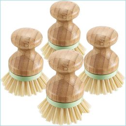 Cleaning Brushes Bamboo Wood Round Mini Palm Scrub Brush Stiff Bristles Wet Cleaning Wash Dishes Pots Pans Vegetables Brushes Drop D Dh2Sa