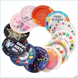 Disposable Dinnerware Happy Birthday Disposable Paper Plate Set 10Pcs 7 Inches Party Tableware Cake Fruit Candy Tray Drop Delivery H Dh3Tc