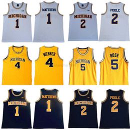 NCAA Michigan Wolverines 5 Jalen Rose Basketball Jerseys Chris Webber 4 Juwan Howard 25 1 Charles Matthews 2 Jorda Poole Yellow Men