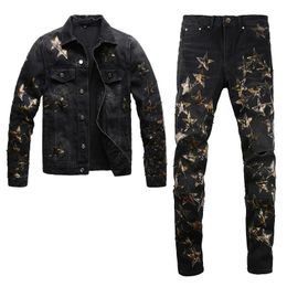 Black Tracksuits Ripped Star Patch Men's Sets Spring Autumn Jacket and Jeans Set Male Fashion Slim Fit Denim Tops Matching Stretch Skinny Pants