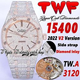 TWF V2 tw15400 A3120 Automatik-Herrenuhr, gepflastertes Diamant-Zifferblatt, Stick-Stahlseite mit Diamanten, zweifarbiges Armband, Super Edition Eternity-Schmuck, vollständig vereiste Uhren