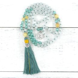 Pendant Necklaces Light Lake Blue&White Opal Yellow Jade 108 Beads Mala Necklace Lotus Charm Tassels Buddha Hand Knotted Jewellery