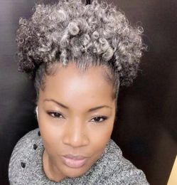 Real hair grey ponytail hairextension afro greys hairpiece Natural highlight Salt and pepper human hairs ponytails updo chignon Grey curly