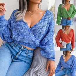 Women's Sweaters Sexy Deep V Neck Criss Cross Long Lantern Sleeve Solid Loose Knitted Sweater Autumn Women Pullover Tops BJS-2079