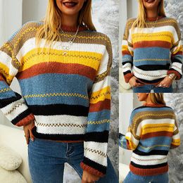 Women's Sweaters Women Striped Patchwork Autumn Winter O-Neck Long Sleeve Loose Pullover Knitwear Tops KXFS-MY1021