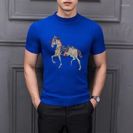 Men's T Shirts Pure Colour Diamond Shiny Pullover Cashmere Short-Sleeved Base Knitted T-Shirt Wool Four Seasons Trend