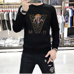 Western Gentleman Men's Hoodies Winter New Brand V-shaped Tiger Pattern Laser Hot Drill Design Sweater Casual Comfortable Round Neck Multi-Color Pullover M-4XL