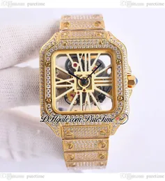 TWF TWWHSA0007 Swiss Ronda 4S20 Quartz Mens Watch Fully Iced Out Diamonds Case Yellow Gold Champagne Roman Skeleton Diamond Bracelet Super Edition Puretime E275d4