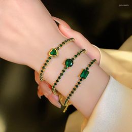 Link Bracelets Fashion Brand Jewellery Green Crystal Heart Charm Bangles For Women Elegant Geometric