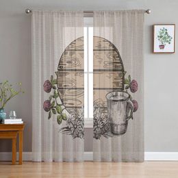 Curtain Retro Wooden Board Flowers Cup Tulle Curtains For Living Room Bedroom Decoration Transparent Chiffon Sheer Voile Window