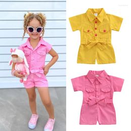 Clothing Sets 0-5Y Toddler Baby Girls Cute Jumpsuits Pants 2 Colours Short Sleeve Single Breasted Turn Down Collar Playsuit Belt