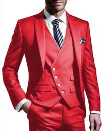 Excellent Red Groom Tuxedos Peak Lapel Slim Fit Groomsmen Wedding Dress Fashionable Man Jacket Blazer 3 Piece Suit