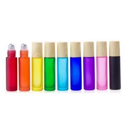 500pcs 10ml Frosted Glass Essential Oil Roller Bottles Refillable Roll On Bottles With Wood Grain Cap Stainless Steel Ball