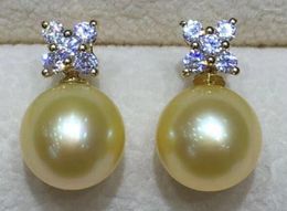 Dangle Earrings 10-11 Mm Round Natural South Sea Gold Pearl 14 K Yellow