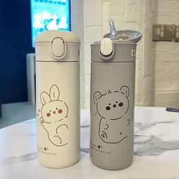 Water Bottles 460ml Cartoon Stainless Steel Vacuum Flask With Straw Portable Cute Thermos Mug Travel Thermal Bottle Tumbler Thermocup 221014