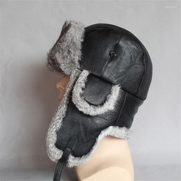 Berets 2022 Real Russian Fur Leather Bomber Hat Men Winter Keep Warm Hats With Earmuffs Trapper Earfiap Cap