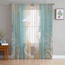 Curtain Marine Life Pattern Wooden Sea Horse Silhouette Tulle Curtains For Living Room Decoration Chiffon Sheer Voile Kitchen