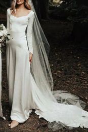 Elegante lange Brautkleider aus Satin mit V-Ausschnitt und Ärmeln, A-Linie, elfenbeinfarbener Reißverschluss, bodenlange Brautkleider für Damen