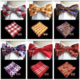 Bow Ties Luxury Men's Paisley Striped Floral Cufflinks Pocket Square Bows Tie Set Adjustable Handkerchief Bowtie Sets For Wedding Party