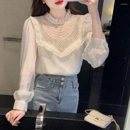 Women's Blouses Heavy Industry Pearl Beaded Lace Blouse Women 2022 Autumn Winter Elegant Ruffle Shirt Top Loose Casual Blusas Mujer Plus