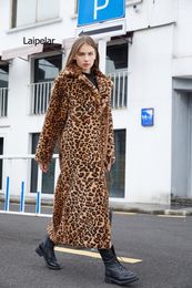 Women's Fur Faux Leopard Print Ladies Coat Extra Long Suit Collar Fashionable Winter Warm