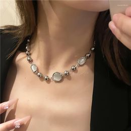 Choker 2022 Fashion Silver Colour Geometric Round Ball Alloy Opal Necklace For Women Men Charm Clavicle Chain Ornamnets Collier Femme