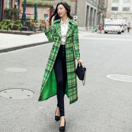 Women's Trench Coats Spring Autumn Clothing Outerwear Women 's Coat Long Sections Green Plaid Windbreaker Korean Over-The-Knee Female