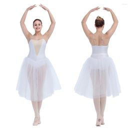 Stage Wear White Camisole Romantic Long Tutu Dress With Nude Insert Front And Adjustable Straps Ballet Costume