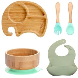 Cups Dishes Utensils 5PcsSet Baby Feeding Bowl Dinner Plate Bib Fork Spoon Kids Cartoon Tableware Bamboo Wood Non-slip Children's 221020